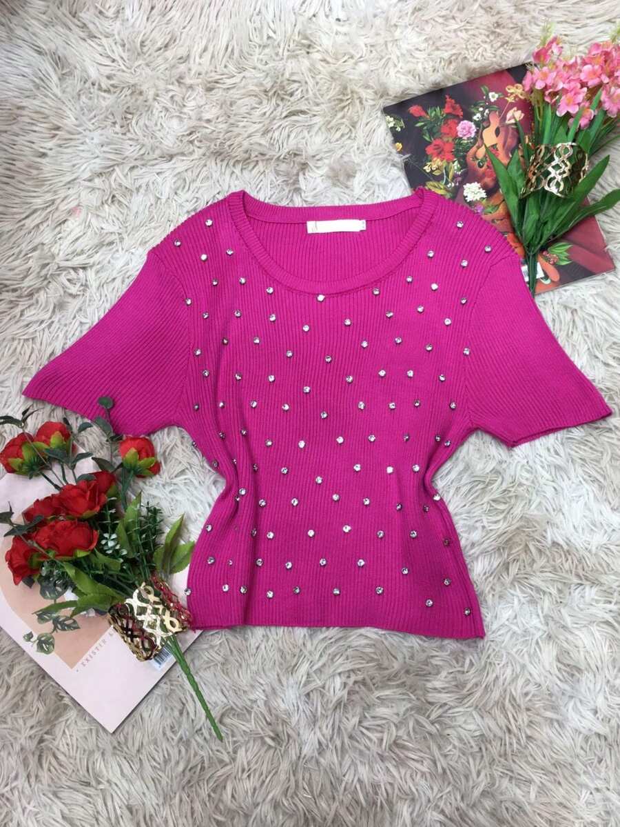 Thick Modal Cropped Top With Studded Stones, One Size Fits All. - 玫紅色 - 查看 1