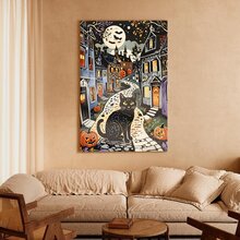 1Pc Framed Canvas Wall Art Poster Vintage Halloween Black Cat Folk Art Print  Halloween Town Wall Art, Halloween Pumpkin Artwork, Halloween Decor For Home, Halloween Poster - Black - View 2