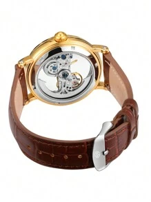 1件装奢华时尚金色镂空自动机械男士腕表，夜光指针，真皮表带，经典商务休闲男士腕表，附赠礼盒 - 金色 - 查看 9