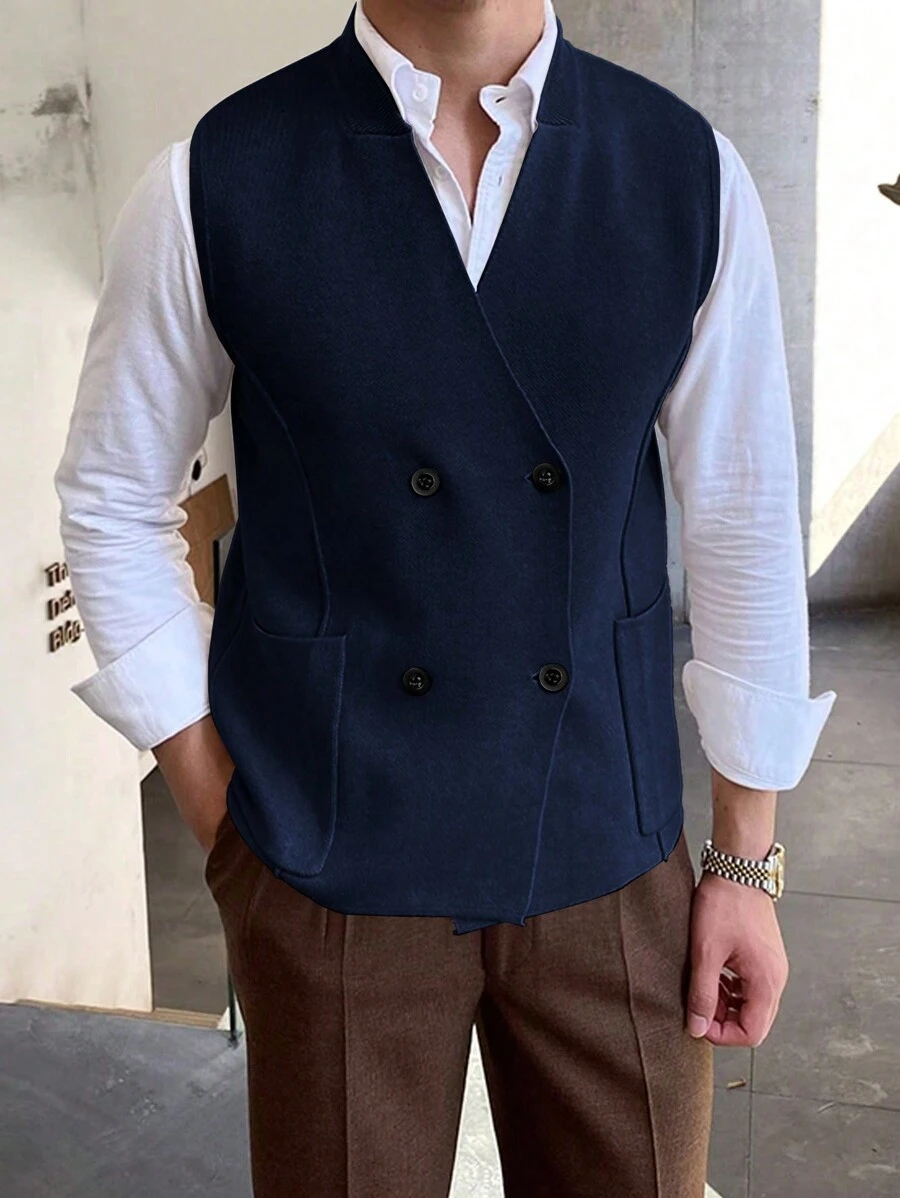 Men's Solid Color Patchwork Pocket Double Breasted Sweater Vest, Fall/Winter
