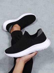 1 Pair Loose Fit Casual Sports Shoes For Women, Couples Elastic Knit Sneakers, Lightweight & Breathable Walking Shoes For Women