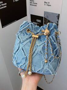 Bolso de mujer con cordón, bolso bandolera mini, bolso de cubo en forma de diamante para uso diario y exteriores - Azul - Ver 5