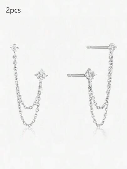 2 st Cubic Zirconia Dekor Kedja Hänge örhängen, hypoallergena smycken lämpliga för present till kvinnor