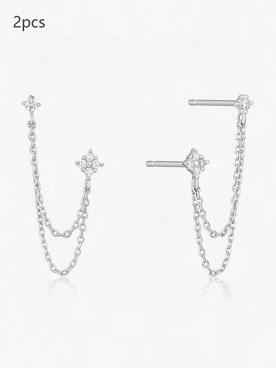 2pcs Cubic Zirconia Decor Chain Pendant Stud Earrings, Hypoallergenic Jewelry Suitable For Gift To Women