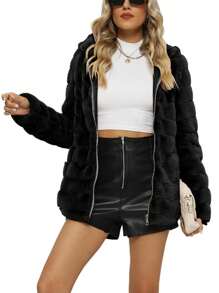Women Faux Fur Coat Fleece Fuzzy Hooded Fluffy Shearling Sherpa-Lined Jacket - Black - View 2