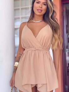 Women's Short Jumpsuit With Neckline And Tie-Up Candy Colors - 米色 - 查看 1