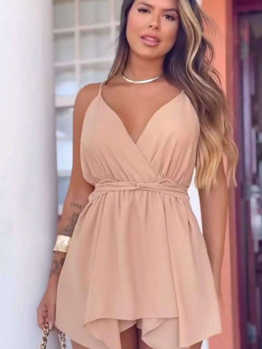 Women's Short Jumpsuit With Neckline And Tie-Up Candy Colors - 米色 - 查看 1