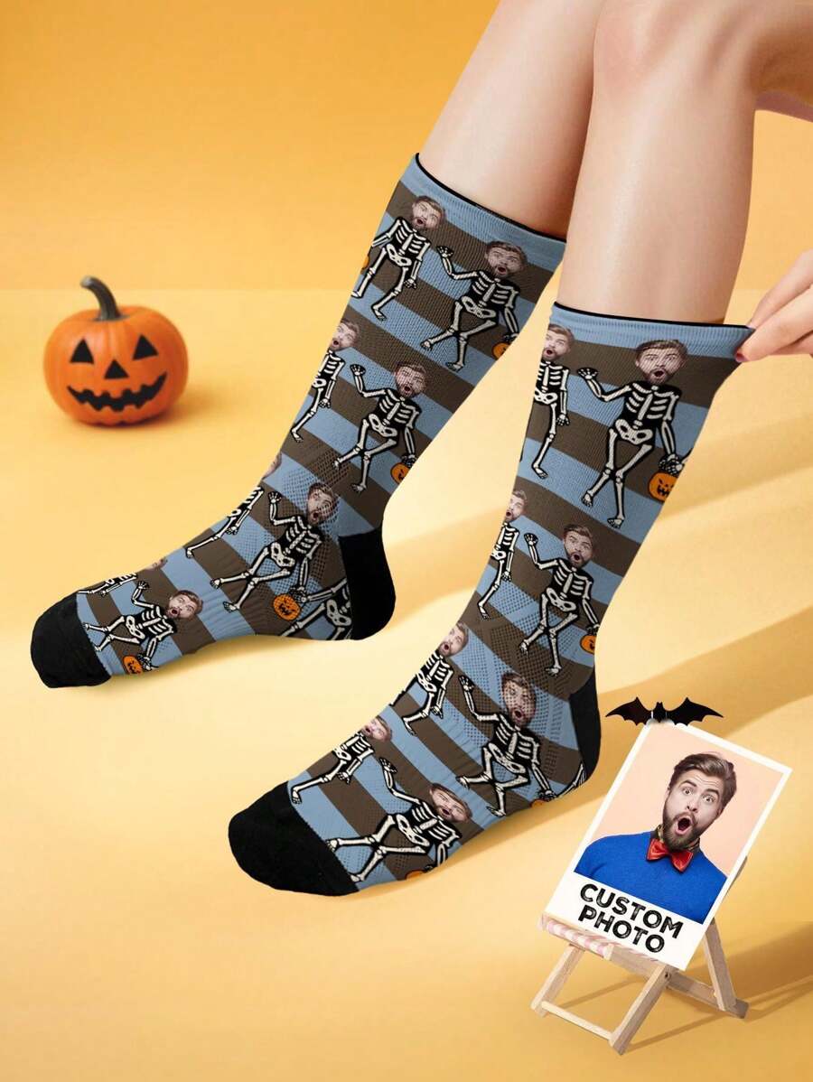 1 Pair Custom Halloween Face Socks, Custom Photo Sock, Custom Printed Socks, Personalized Funny Face Socks, Custom Picture Socks, Put Any Face On The Socks, Halloween Gift, Christmas Gift, Anniversary Gift, Valentine Gift, Birthday Gift, Wedding Gift, Mother's Day Gift, Father's Day Gift, Best Friend Gift, Gift For Mom/Dad, Gift For Girlfriend/Boyfriend, Gift For Her/Him - Blue - View 1