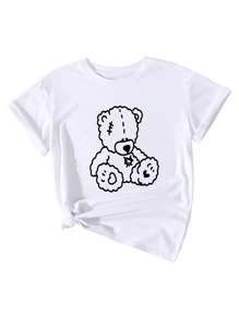 Teddy Bear Design T-Shirt 100% Cotton Soft Baby Look T-Shirt - 白色 - 查看 1