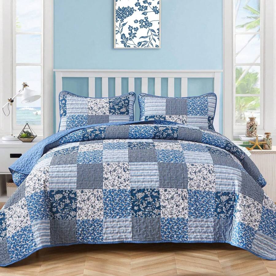 3 Pieces Plaid Blue Boho Queen King California King Size Patchwork Reversible Bedspread Coverlet Set For Soft Microfiber Bedding Set Pillowcase, Wedding Items,Valentines Day Home Bed Room Decor,Mothers Day Gift,All Season - 藍色 - 查看 1