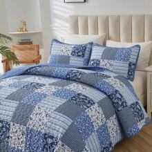 3 Pieces Plaid Blue Boho Queen King California King Size Patchwork Reversible Bedspread Coverlet Set For Soft Microfiber Bedding Set Pillowcase, Wedding Items,Valentines Day Home Bed Room Decor,Mothers Day Gift,All Season - 藍色 - 查看 2