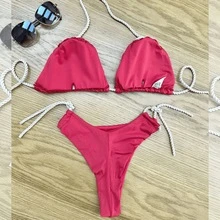 Double String Triangle Bikini With Removable Pads And Ties At The Neck And Side Of The Panties - Đỏ - Xem 2