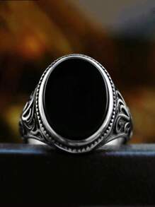 Anel de pedra preta plana com padrão floral esculpido retrô vintage para homens, decoração de videira rústica da moda, acessório de moda exclusivo