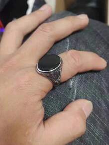 Anel de pedra preta plana com padrão floral esculpido retrô vintage para homens, decoração de videira rústica da moda, acessório de moda exclusivo