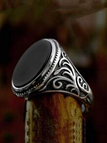 Anel de pedra preta plana com padrão floral esculpido retrô vintage para homens, decoração de videira rústica da moda, acessório de moda exclusivo