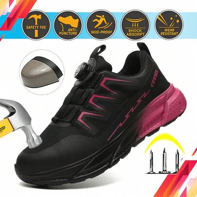 Dian Sen 男女通用钢头鞋，带旋转按钮，轻便透气，安全可靠，适用于建筑工地，防滑复合材料鞋头，双色时尚粉色，可爱配色。安全训练运动鞋，钢头训练运动鞋，耐穿耐用，适合户外、徒步、建筑工地等场合。轻便EVA鞋底，女式工作鞋，女鞋，女式安全鞋，舒适工作鞋，男式工作鞋。