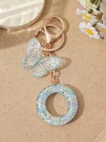 1pc Creative Keychain With Letter Stone Resin Pendant, Butterfly Tassel Letter Charm Keyring For Girls - White - View 14