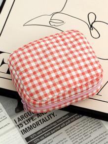 1 件/套红色小棋盘带蕾丝便携式清新化妆包，时尚休闲时尚便携式化妆包，多功能，大容量大收纳袋，可装钱包、口红、卫生巾、袋垫、硬币、钥匙、耳机、空气盒 - 紅色 - 查看 8