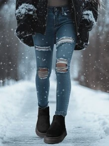 女款厚實保暖側彈力帶圓頭中筒厚底切爾西雪地靴，復古冬季黑色麂皮通勤大尺碼鞋 - 黑色 - 查看 8