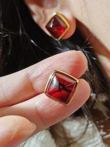 Hoa tai hổ phách Baltic tự nhiên đính đá quý màu đỏ Trang sức bạc Sterling 925 Quà tặng cho cô ấy Đinh tán bạc vuông tối giản thời trang - Bông tai hổ phách - Xem 6