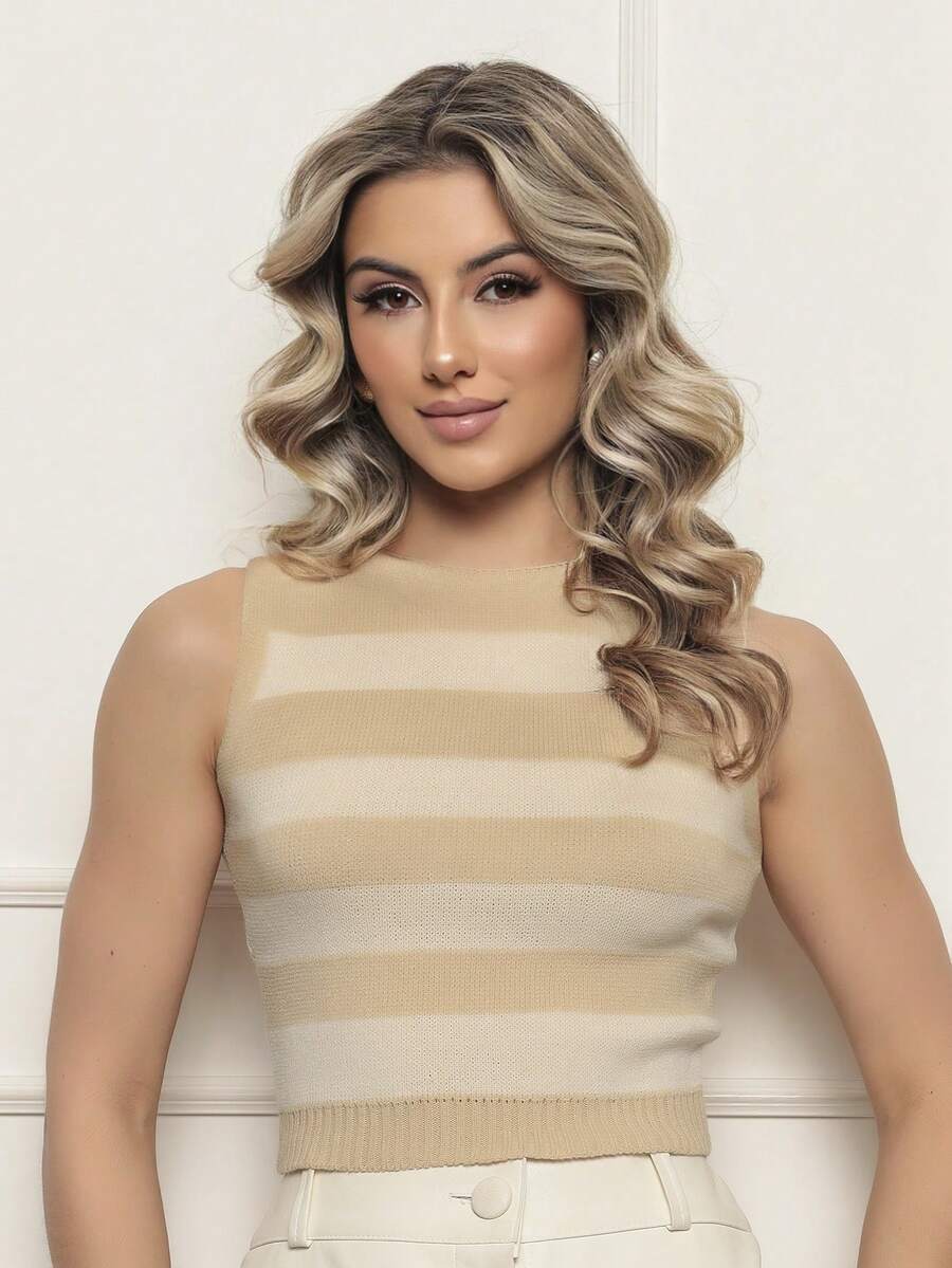 ONLYONE - SILKY TOUCH MODAL CROPPED TANK TOP WITH STRIPES - SHEIN WOMEN'S BLOUSES KNITTED BLOUSES - Màu be - Xem 1