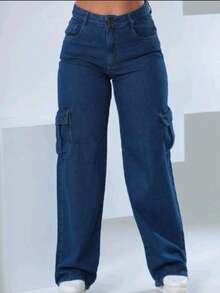 Women's Wide Leg Cargo Jeans - 中等水洗藍 - 查看 3