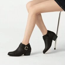 Women's Chunky Low Heel Ankle Boots, Classic Solid Color Buckle Strap & Side Zipper Booties