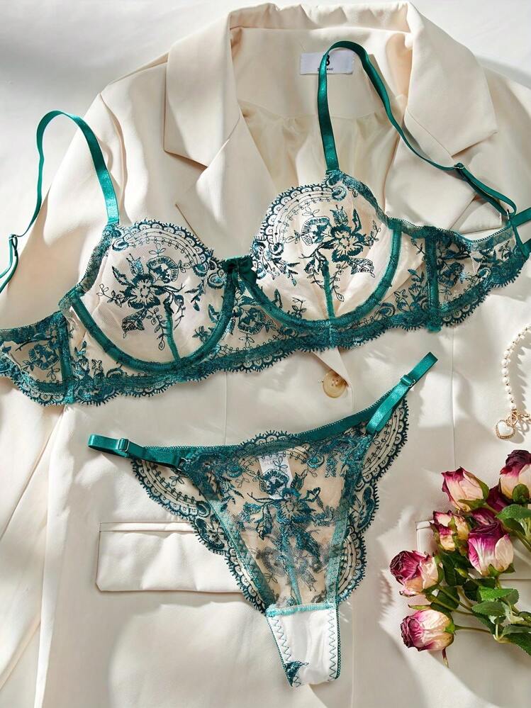Sexy Women Lingerie Set With Floral Embroidery On Mesh, Intimate Apparel For Valentine's Day, Christmas, Honeymoon, Rave For Going Out - Green - View 2