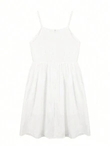 女士夏季纯色细肩带时尚百搭无袖休闲及膝连衣裙，少女吊带迷你连衣裙 - 白色 - 查看 3