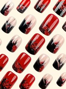 Unhas postiças curtas e quadradas super brilhantes, estilo francês, com 24 peças, na cor vinho tinto, com listras geométricas e glitter prateado. Um conjunto elegante e minimalista, perfeito para manicure. Ideal para usar em festas, encontros com amigos, no dia a dia e para um visual moderno e sofisticado. Perfeitas para férias, festas, encontros com amigos e para o dia a dia. - Borgonha - Ver 2