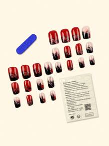 Unhas postiças curtas e quadradas super brilhantes, estilo francês, com 24 peças, na cor vinho tinto, com listras geométricas e glitter prateado. Um conjunto elegante e minimalista, perfeito para manicure. Ideal para usar em festas, encontros com amigos, no dia a dia e para um visual moderno e sofisticado. Perfeitas para férias, festas, encontros com amigos e para o dia a dia. - Borgonha - Ver 3