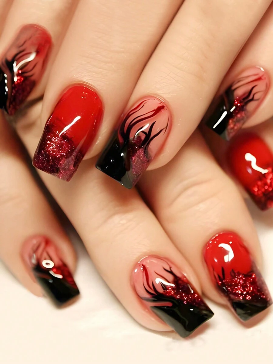Unhas postiças curtas e quadradas super brilhantes, estilo francês, com 24 peças, na cor vinho tinto, com listras geométricas e glitter prateado. Um conjunto elegante e minimalista, perfeito para manicure. Ideal para usar em festas, encontros com amigos, no dia a dia e para um visual moderno e sofisticado. Perfeitas para férias, festas, encontros com amigos e para o dia a dia. - Borgonha - Ver 1
