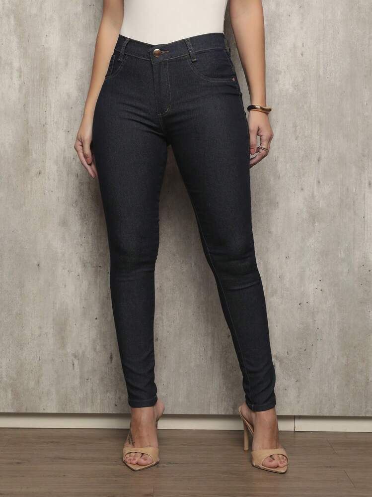 Shein Women's Skinny Jeans High Waist Butt Lifting Basic Premium Plain Fabric With Lycra - Dark Wash - View 1