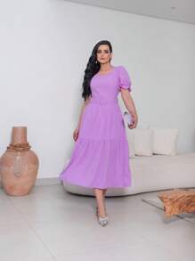 Women's Midi Dress With Belt And Elastic Back - 紫丁香色 - 查看 3