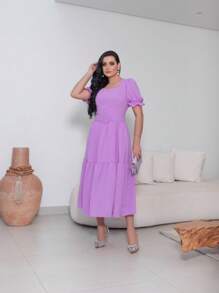 Women's Midi Dress With Belt And Elastic Back - 紫丁香色 - 查看 4