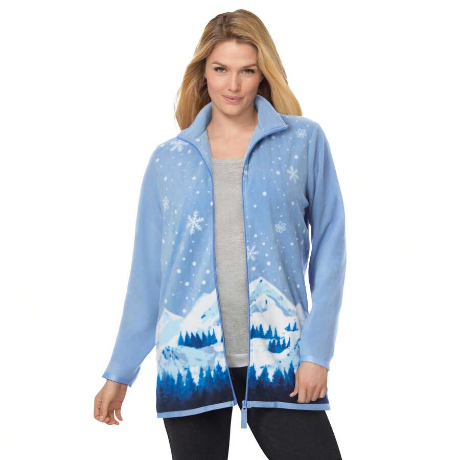Woman Within Plus Size Zip-Front Microfleece Jacket - FRENCH BLUE MOUNTAIN - View 1