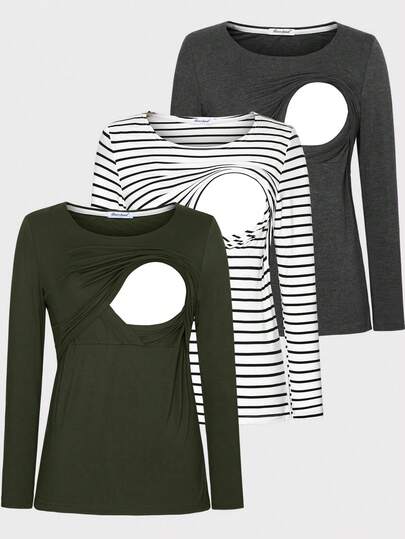 3 chiếc áo thun dài tay màu trơn kiểu dáng thường ngày dành cho bà bầu mùa xuân