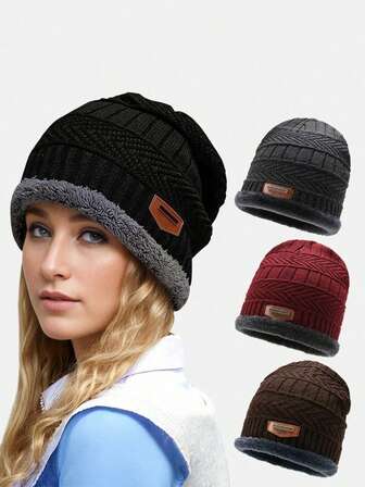 1pc Women's Thick Warm Solid Color Knit Hat, Loose Brimless Hat, Warm Fleece Lining Knit Cap, Fleece Hat