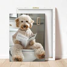 1 件幽默 Goldendoodle On Toilet 帆布印刷品 - 装饰艺术、现代、经典风格动物印刷带框墙壁艺术，适用于浴室、家庭办公室、客厅装饰 - 有趣的室内/室外木质框架动物阅读报纸壁挂装饰，适合所有季节 - 彩色 - 查看 7