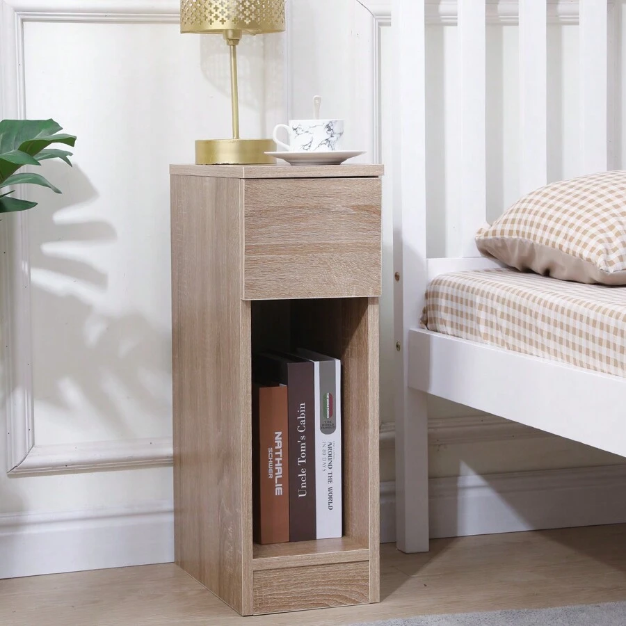 Slim Bedside Table Bedroom Nightstand With Open Shelf & Drawer, Narrow End Table Sofa Side Table For Living Room, Compact Wooden Lamp Table Telephone Table For Home Office - Brown - View 1