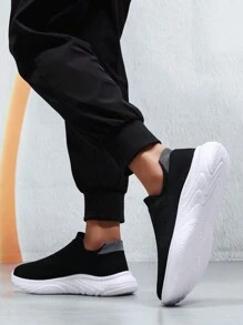 1 Pair Loose Fit Casual Sports Shoes For Women, Couples Elastic Knit Sneakers, Lightweight & Breathable Walking Shoes For Women