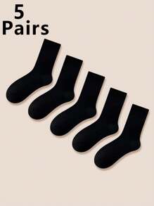 1/5 Pairs Solid Color Versatile Fashion Women Breathable Moisture-Wicking Mid-Calf Socks, Loose Top Summer & Autumn