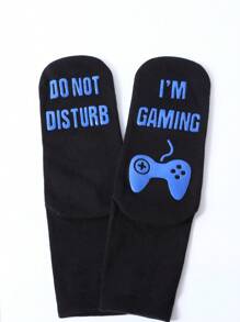 1 par de calcetines de media pantorrilla unisex negros antideslizantes, calcetines creativos con estampado de letra cómodos y transpirables, regalo de broma divertido, adecuado para el día de San Valentín, con temática de juegos
