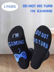1 par de calcetines de media pantorrilla unisex negros antideslizantes, calcetines creativos con estampado de letra cómodos y transpirables, regalo de broma divertido, adecuado para el día de San Valentín, con temática de juegos