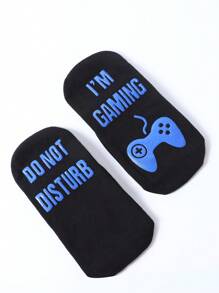1 par de calcetines de media pantorrilla unisex negros antideslizantes, calcetines creativos con estampado de letra cómodos y transpirables, regalo de broma divertido, adecuado para el día de San Valentín, con temática de juegos