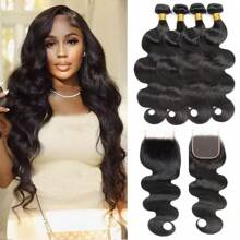 Body Wave Bundles With Closure Human Hair 4 Bundles With Free Part Closure Human Hair Braziian Virgin Human Hair Bundles With 4x4 Inch Hand-Tied Lace Closure Natural Black Transparent Hd - Natural Black - View 2