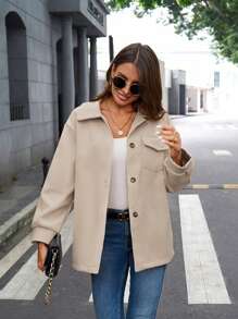 Women's Fashionable Thick Two-Sided Collar Cardigan Jacket, Autumn & Winter - Khaki - View 1