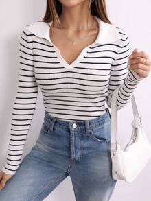 QIANZHIDU Suéter de mujer de ajuste delgado y elástico, de rayas horizontales blancas y negras, con cuello grande, manga larga, estilo casual y elegante, ideal para otoño e invierno - Blanco y Negro - Ver 2