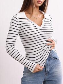 QIANZHIDU Suéter de mujer de ajuste delgado y elástico, de rayas horizontales blancas y negras, con cuello grande, manga larga, estilo casual y elegante, ideal para otoño e invierno - Blanco y Negro - Ver 5