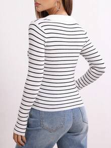 QIANZHIDU Suéter de mujer de ajuste delgado y elástico, de rayas horizontales blancas y negras, con cuello grande, manga larga, estilo casual y elegante, ideal para otoño e invierno - Blanco y Negro - Ver 3